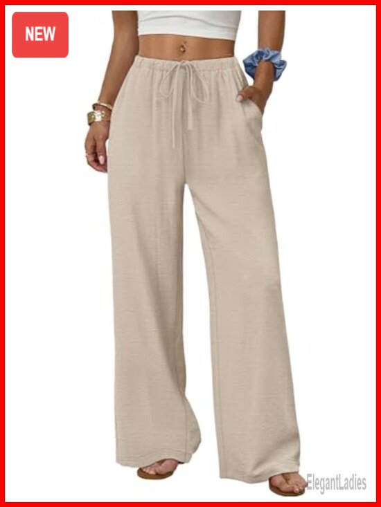Pants - Wide Leg Palazzo Pants with Pockets Drawstring Elastic Waist Flowy Summer